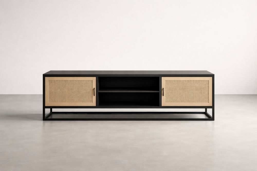 Mobile TV in Legno e Rattan con Sportelli Scorrevoli Nero/Naturale 180x45x50 cm-Nestelivo