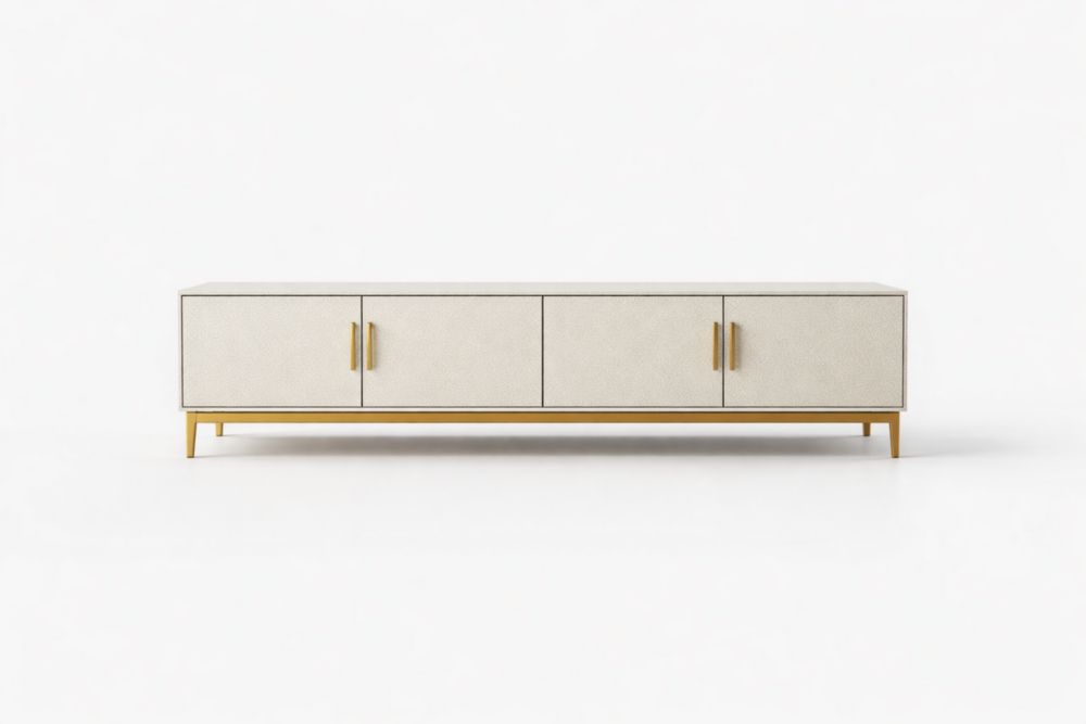Credenza bassa in MDF con maniglie e gambe in metallo, Colore Bianco/Oro-Nestelivo