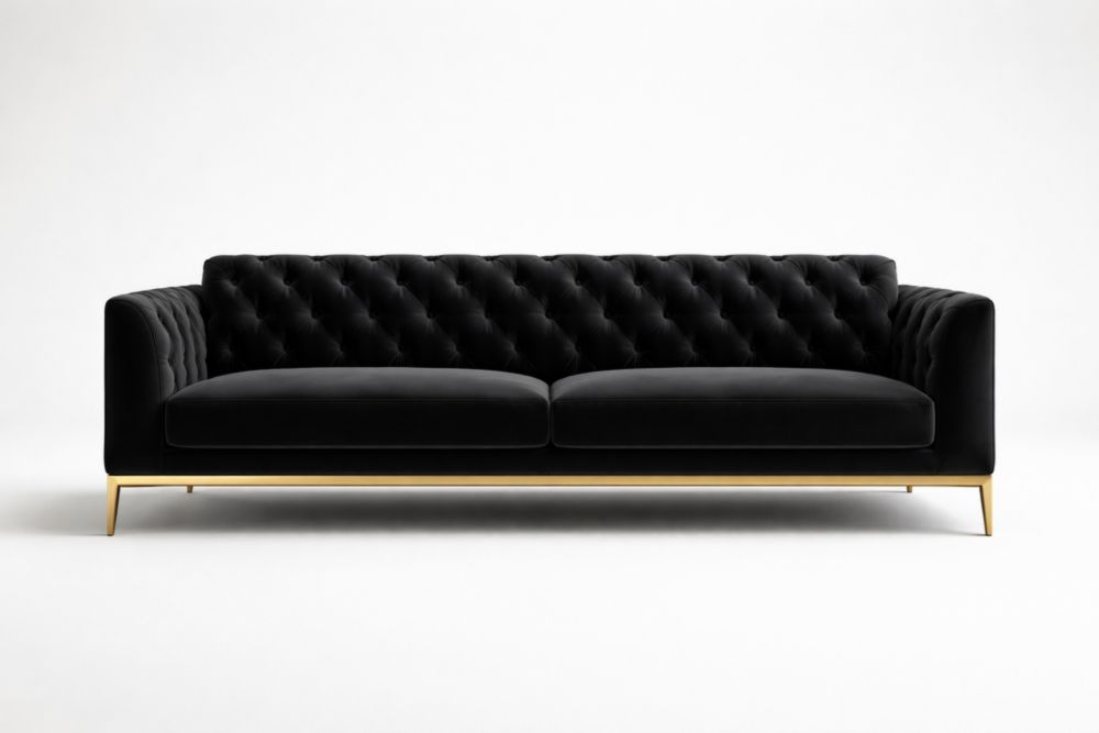 Divano tre posti in velluto nero con struttura in metallo dorato-Nestelivo