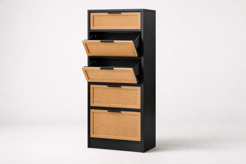 Scarpiera in Metallo e Rattan 5 Scomparti Nero/Naturale 160cm-Nestelivo