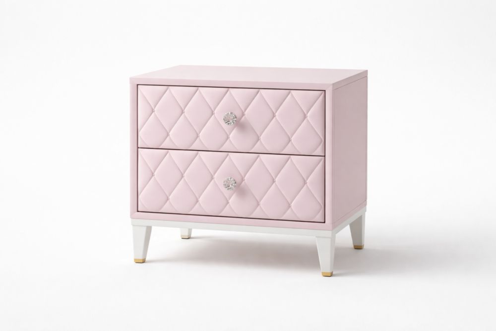 Comodino due cassetti PU rosa con maniglie decorazione cristalli-Nestelivo