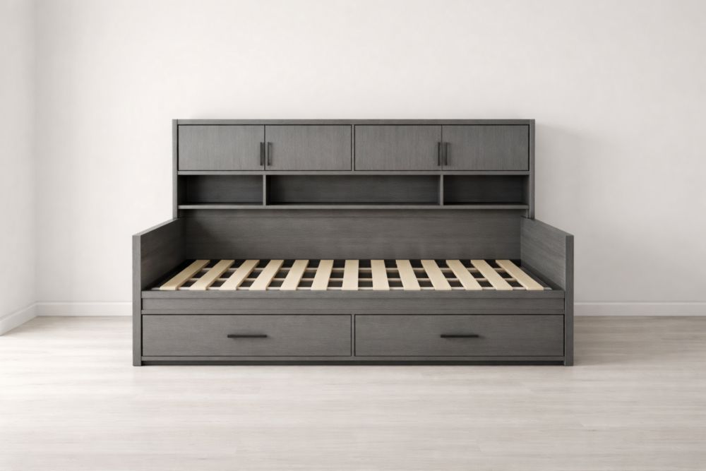 Letto divano in legno con cassetti e armadietti grigio-Nestelivo