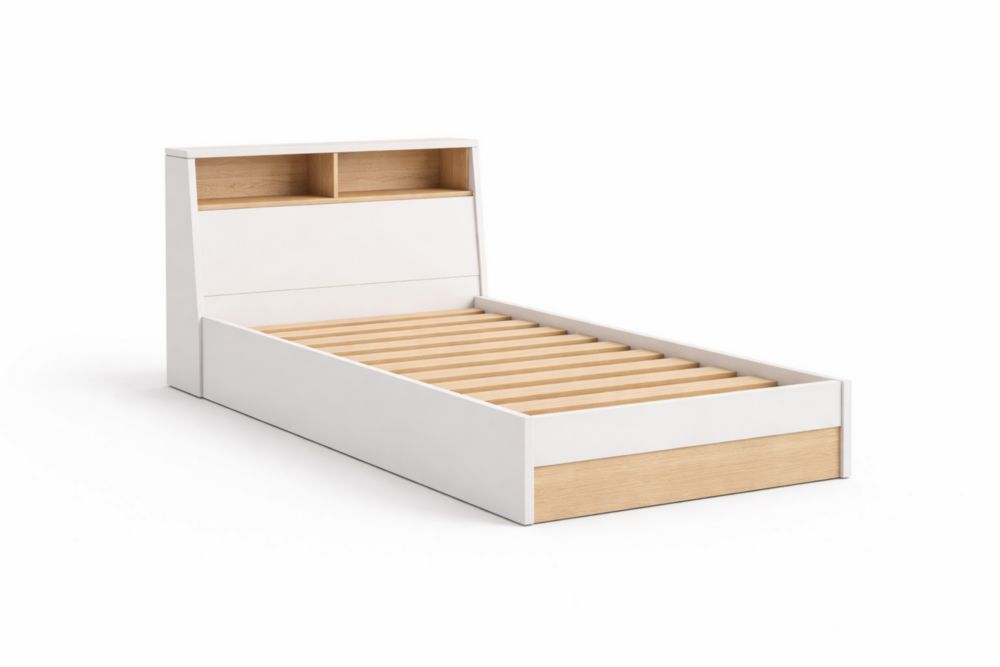 Letto singolo in MDF e legno multistrato Bianco/Naturale 200x90 cm-Nestelivo