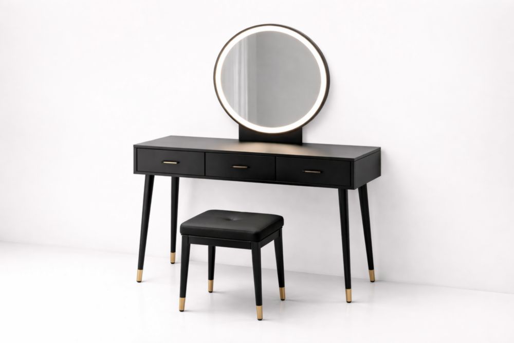 Toeletta con Specchio LED Rotondo e Sgabello Nero-Nestelivo