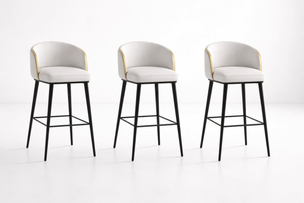 Set di 3 sgabelli in metallo nero con seduta in tessuto bianco e schienale curvo dorato-Nestelivo