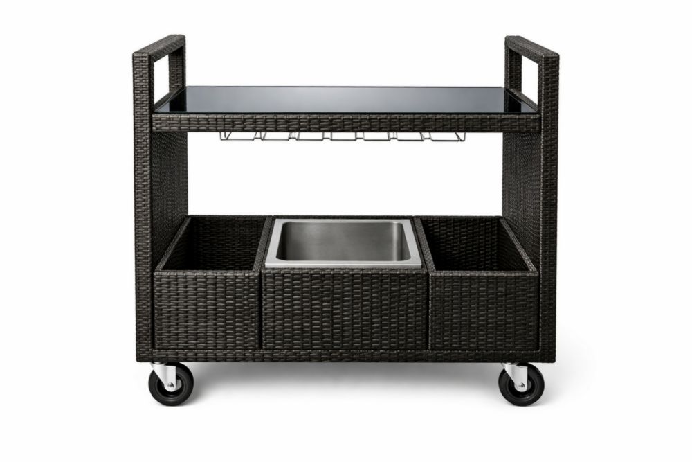 Carrello da Cucina in Rattan Sintetico con Piano in Vetro Temperato e Vaschetta in Acciaio Inox 100x50x90 cm Nero-Nestelivo