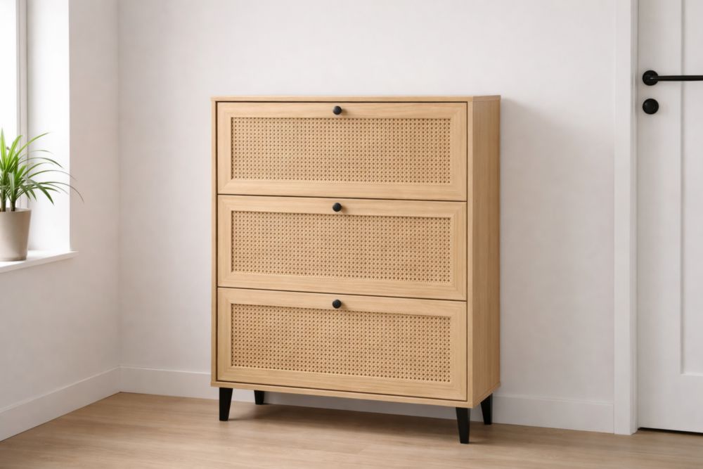 Cassettiera in legno e rattan a tre cassetti-Nestelivo