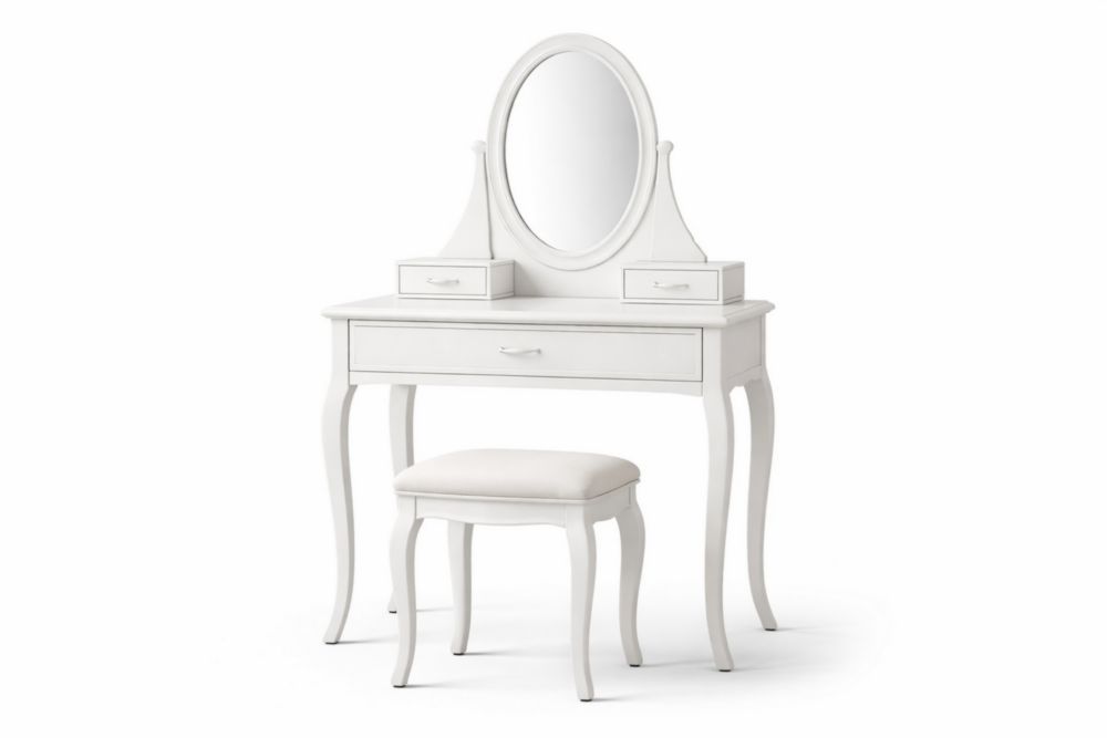 Toeletta con Specchiera Ovale in Legno Bianco e Sgabello-Nestelivo