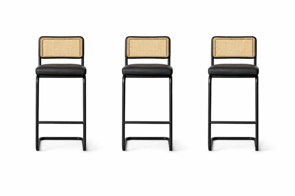 Set di 3 Sgabelli Metallo Nero Seduta Tessuto Schienale Rattan-Nestelivo