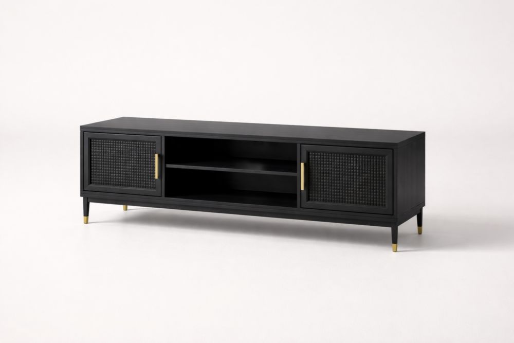 Mobile TV Nero in Legno MDF con Ante in Rattan
