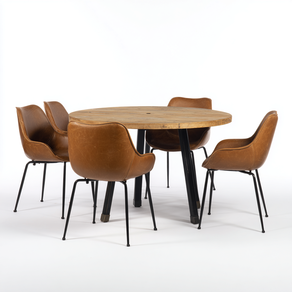 Ensemble table et chaises - Bois-Métal-Similicuir - 130x130x76 cm - Cognac-Noir - Style industriel-Pinegetly