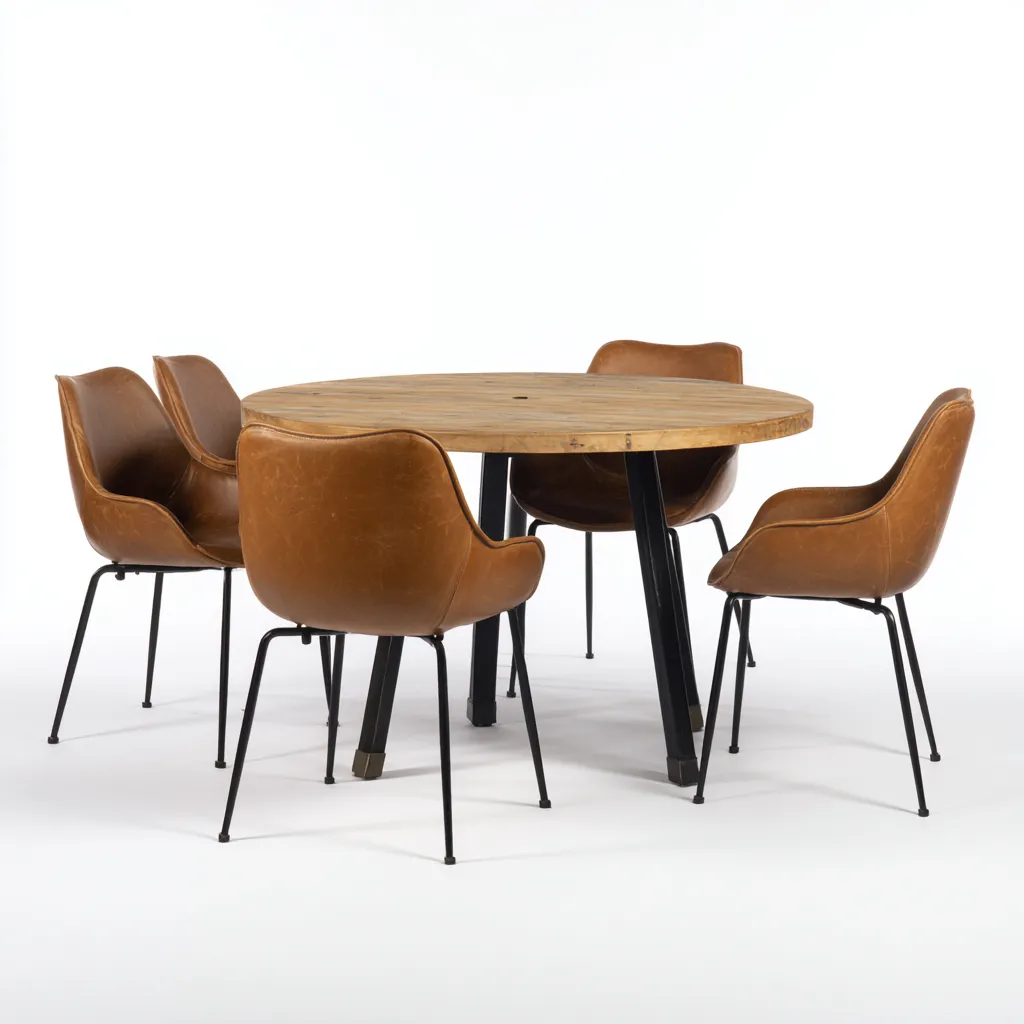 Ensemble table et chaises - Bois-Métal-Similicuir - 130x130x76 cm - Cognac-Noir - Style industriel-Pinegetly