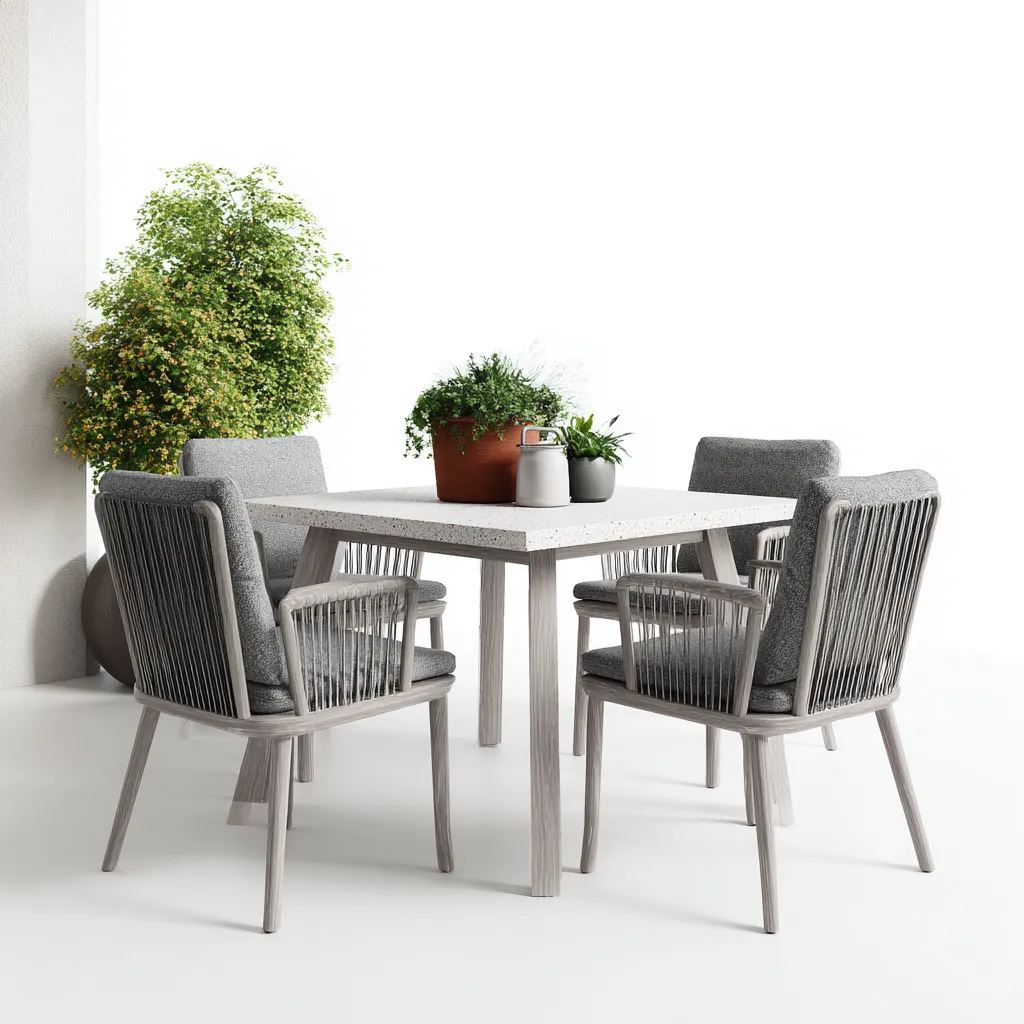 Salon de jardin repas - bois-pierre-corde-tissu - 120x120x75 cm - gris clair - style contemporain-Pinegetly