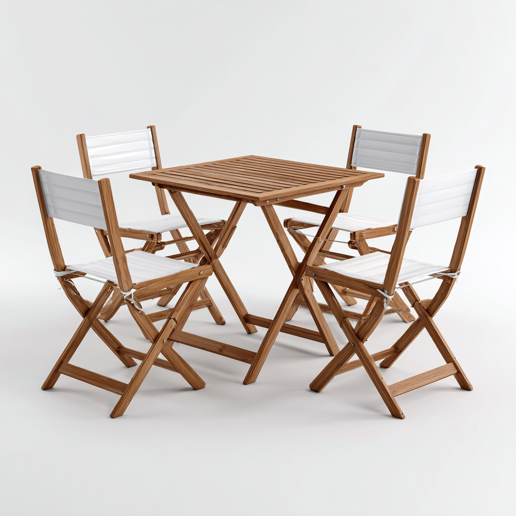 Salon de jardin repas-bois-textilène-90x90x75 cm-bois naturel-blanc-style contemporain-Pinegetly