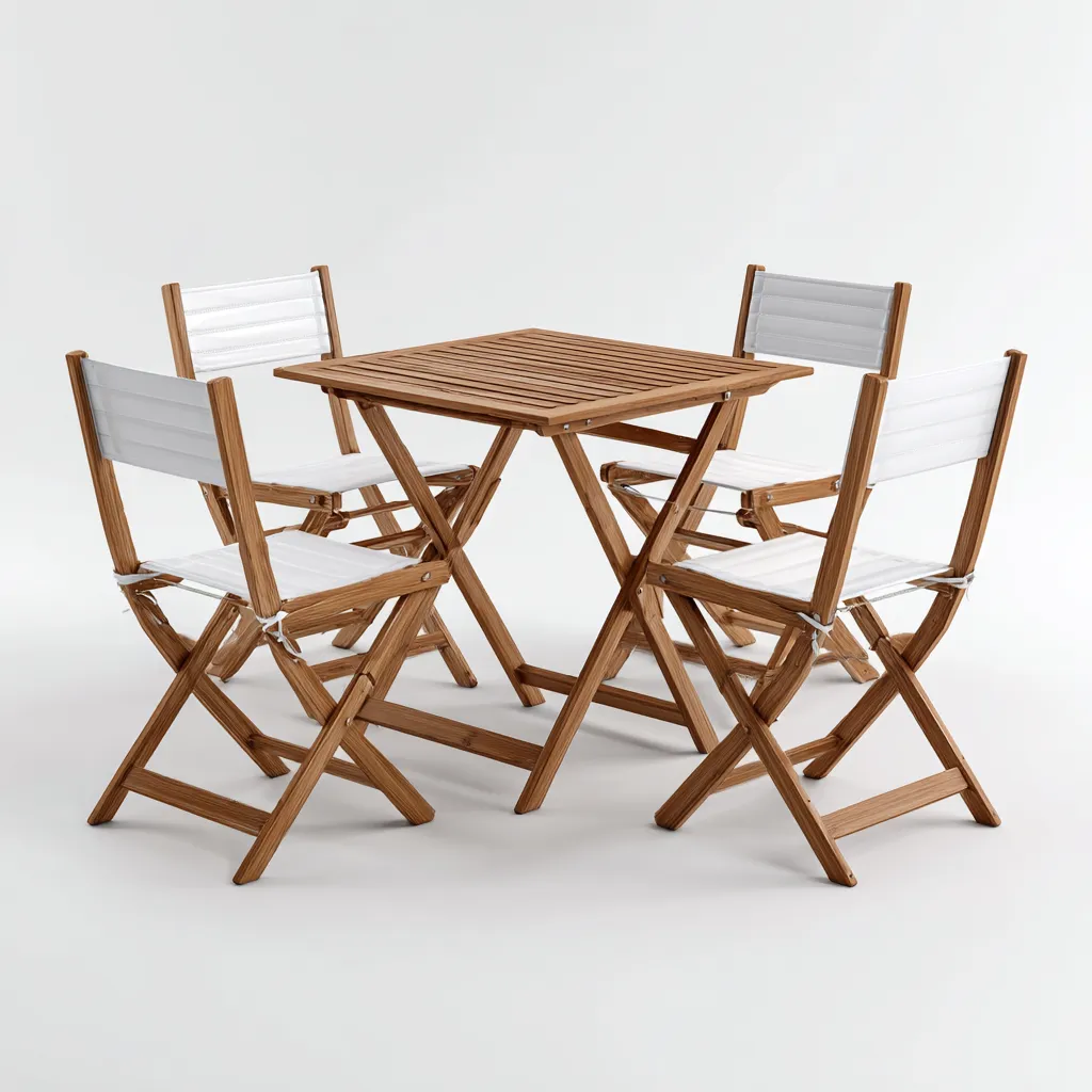 Salon de jardin repas-bois-textilène-90x90x75 cm-bois naturel-blanc-style contemporain-Pinegetly
