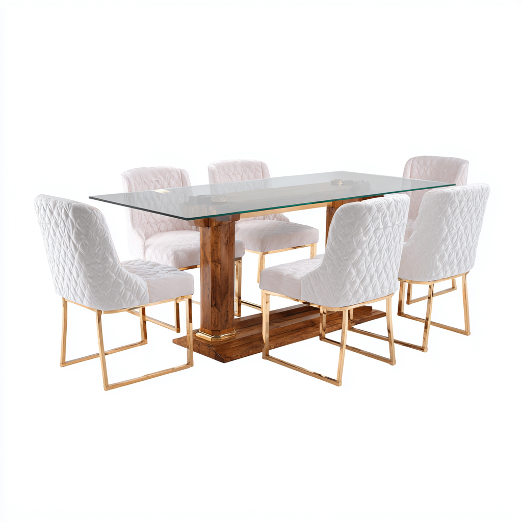 Ensemble table et chaises - Verre-Bois-Métal-Tissu - 180x90x76 cm - Blanc-Doré-Bois naturel - Style luxueux-Pinegetly