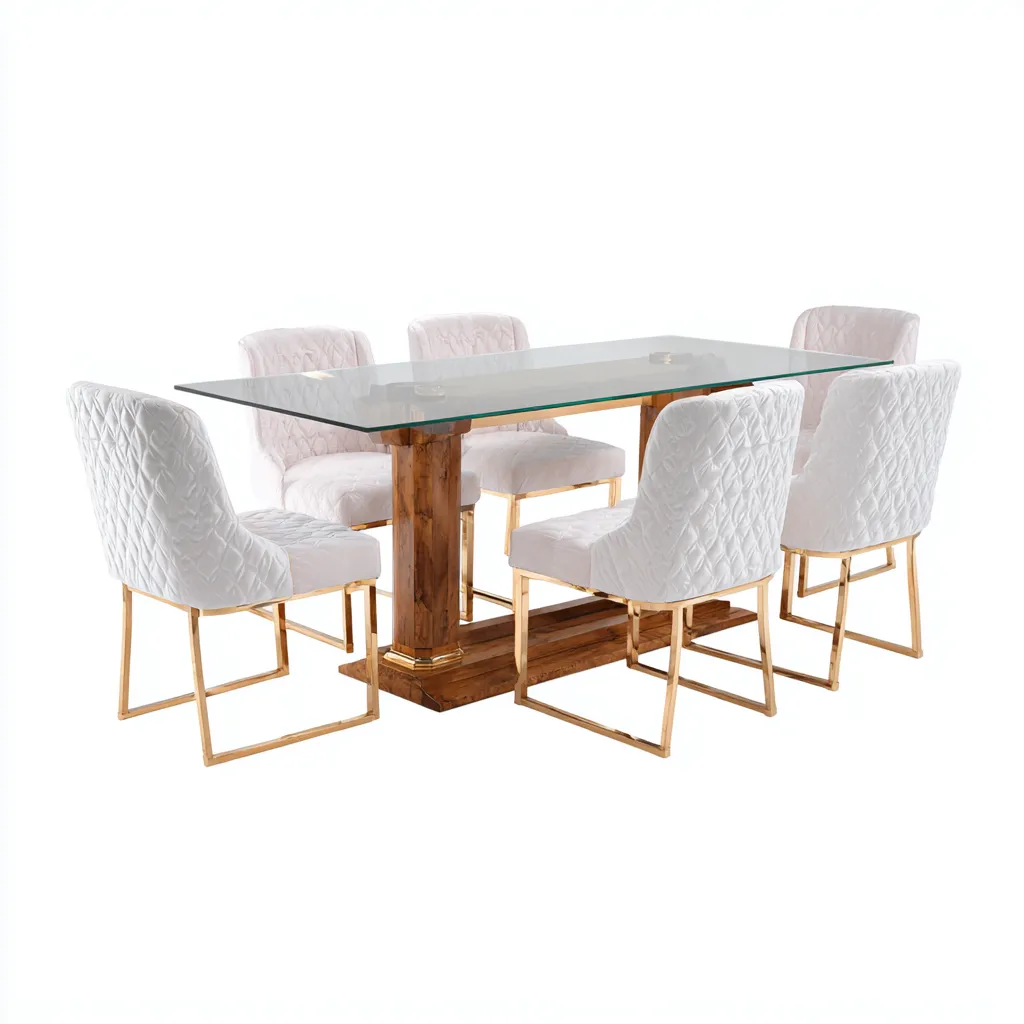 Ensemble table et chaises - Verre-Bois-Métal-Tissu - 180x90x76 cm - Blanc-Doré-Bois naturel - Style luxueux-Pinegetly
