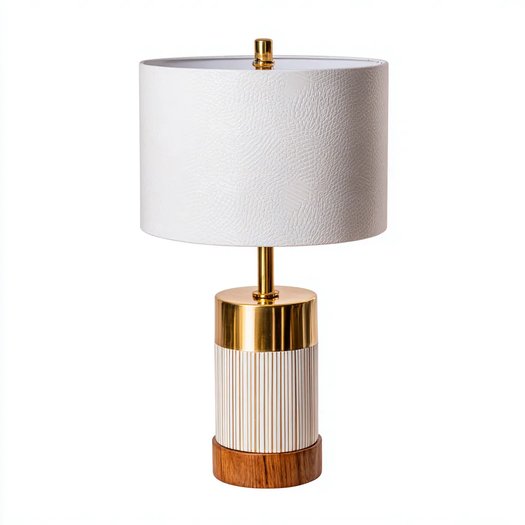 Lampe de table - métal-bois - 32x32x58 cm - blanc-doré-naturel - style contemporain-Pinegetly