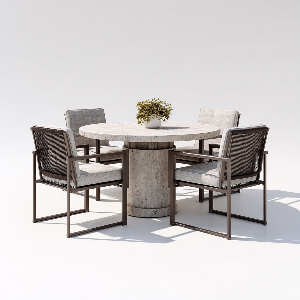 Salon de jardin repas - pierre - metal - 120x120x75 cm - beige-gris - style contemporain-Pinegetly