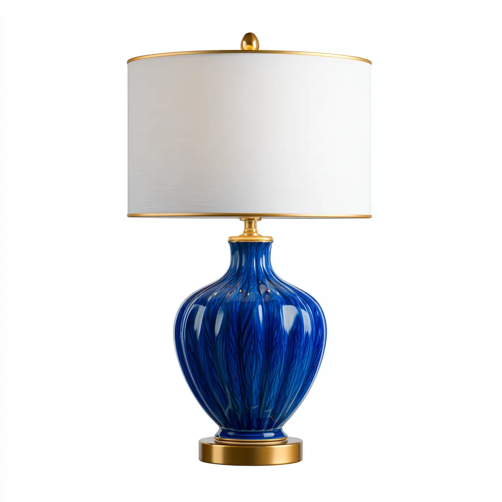 Lampe de table - céramique-tissu-métal - 30x30x48 cm - bleu-blanc - style décoratif contemporain-Pinegetly