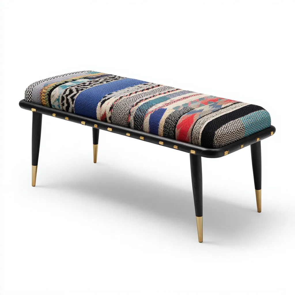 Banc de lit - tissu-bois - 110x38x45 cm - multicolore-noir-doré - style ethnique-Pinegetly