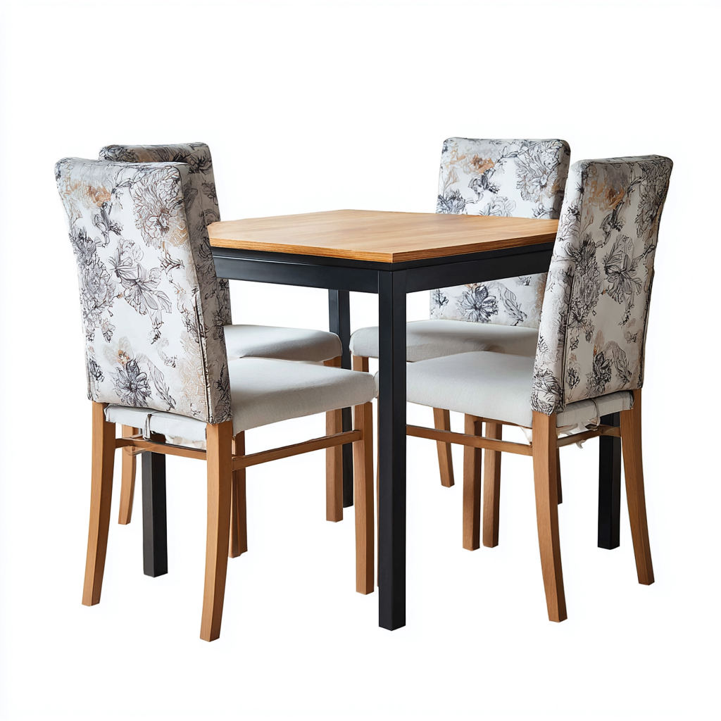 Ensemble table et chaises - Bois-Métal-Tissu - 90x90x75 cm - Blanc floral-Bois clair-Noir - Style contemporain-Pinegetly