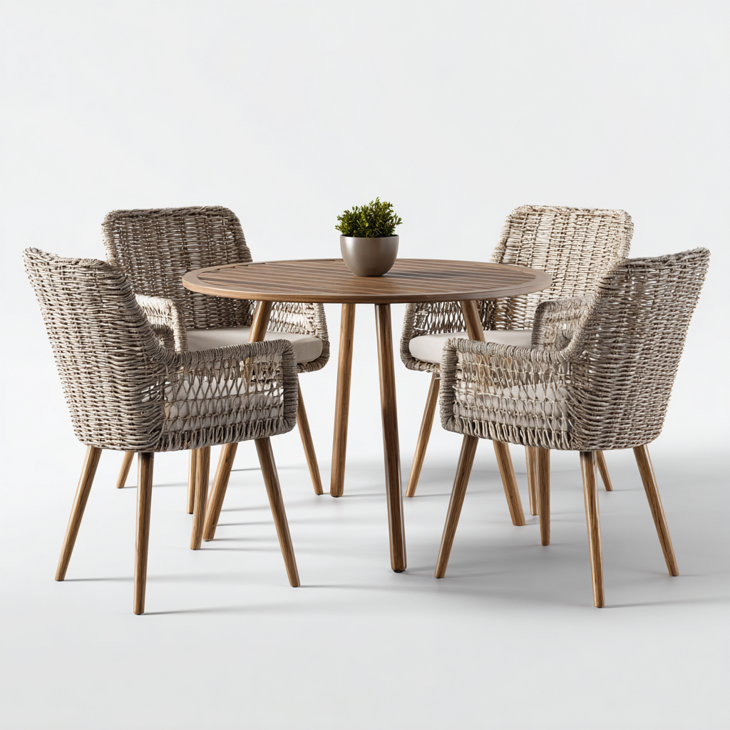 Salon de jardin repas - bois-corde-tissu - 110x110x75 cm - beige-naturel - style naturel-Pinegetly