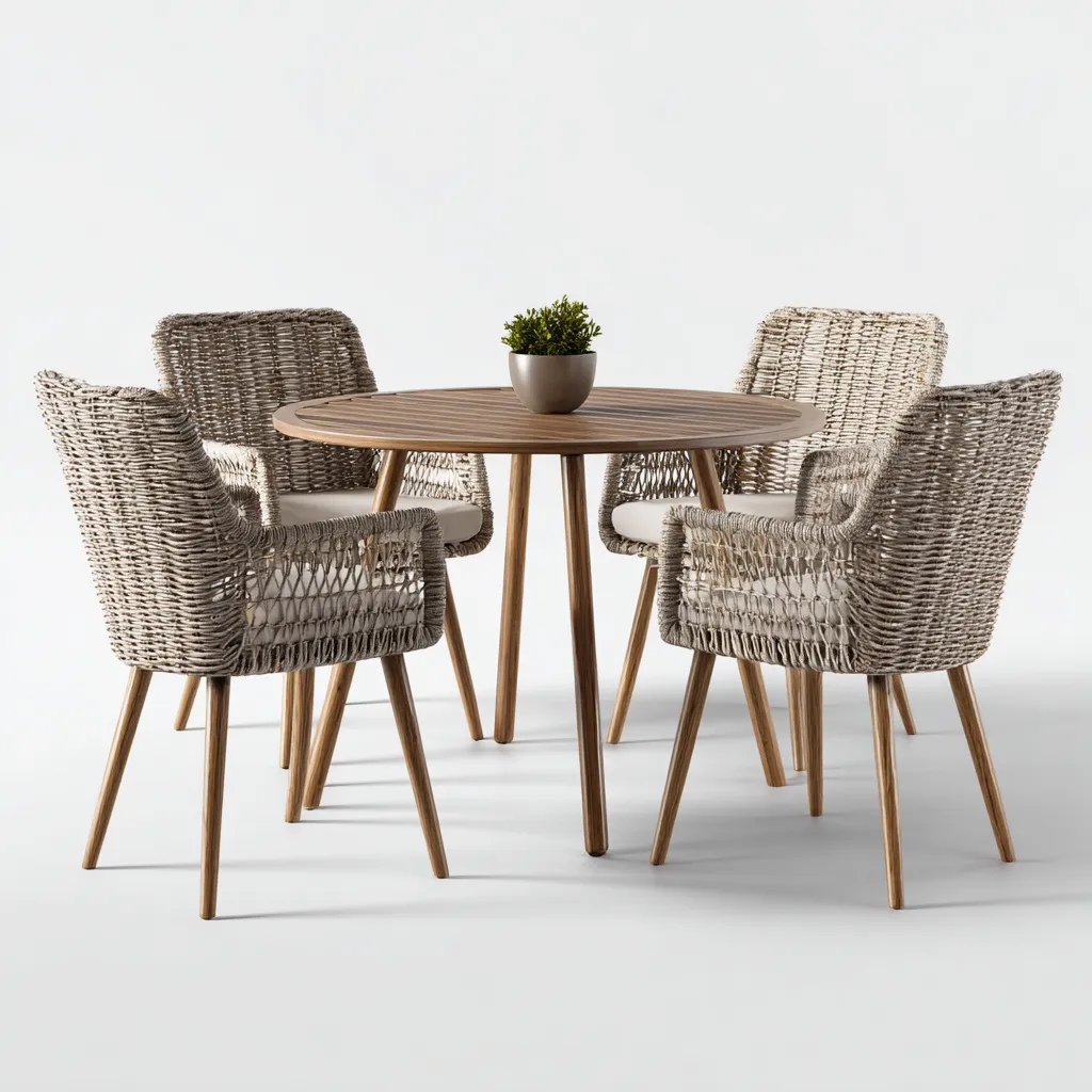 Salon de jardin repas - bois-corde-tissu - 110x110x75 cm - beige-naturel - style naturel-Pinegetly