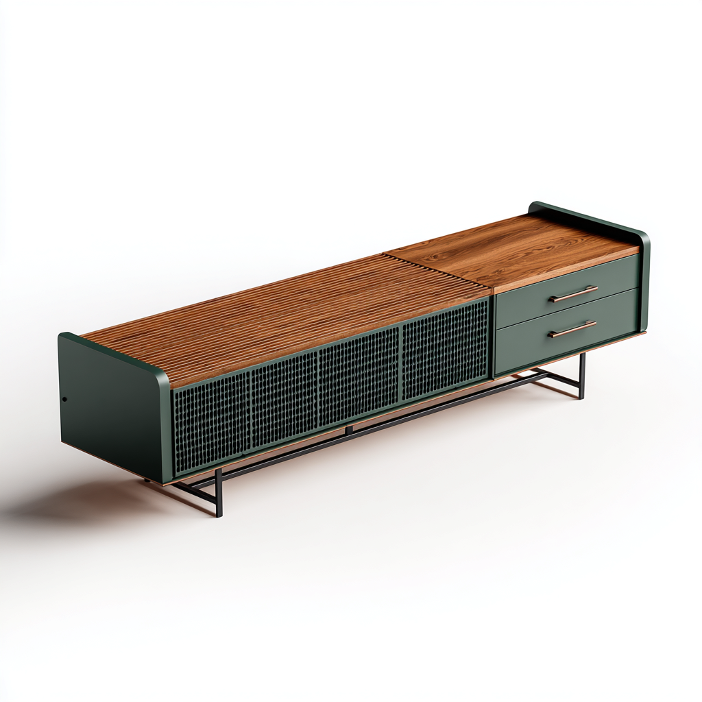 Buffet - bois-métal - 180x40x55 cm - noyer-vert - style industriel-Pinegetly