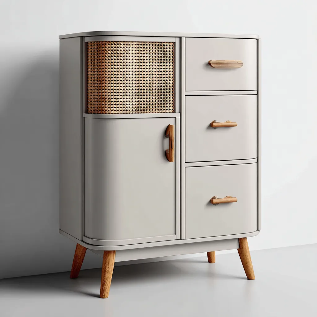 Meuble à chaussures - bois-mdf-rotin - 70x35x100 cm - gris clair-bois naturel - design moderne-Pinegetly