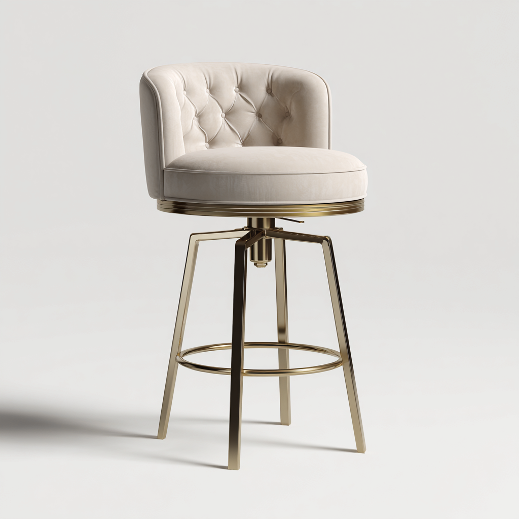 Tabouret de bar - Velours-Métal - 48x50x98 cm - Beige-Doré - Style élégant pivotant-Pinegetly