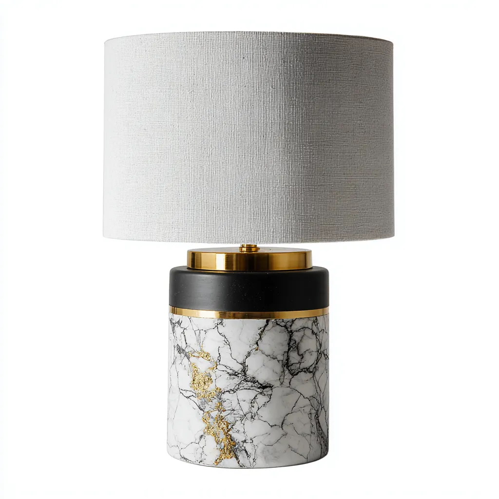 Lampe de table - marbre-métal-textile - 30x30x48 cm - blanc-noir-or - design contemporain-Pinegetly
