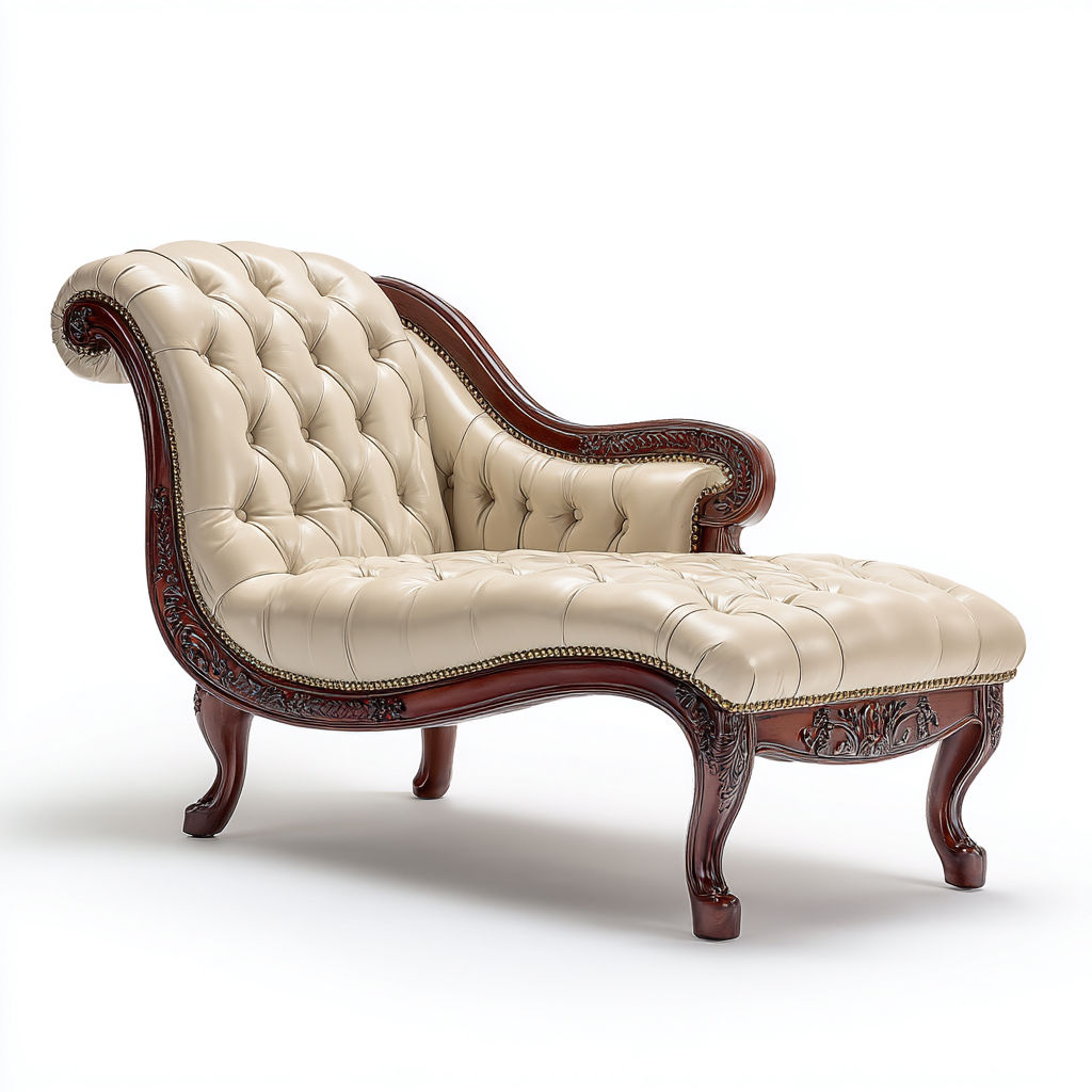Chaise longue - cuir-bois - 165x70x85 cm - beige-crème - style classique-Pinegetly