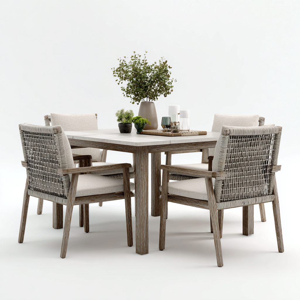 Salon de jardin repas-bois-tissu-150x90x75 cm-beige-bois naturel-style contemporain-Pinegetly