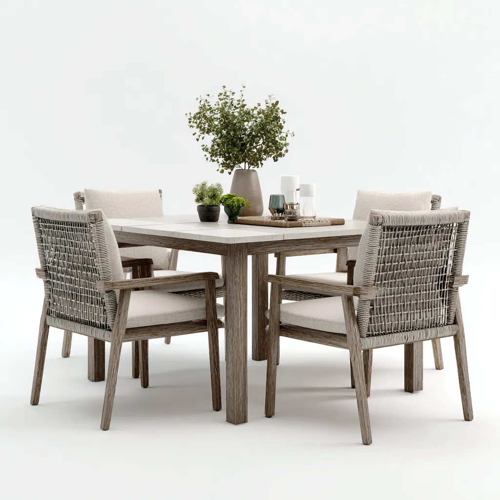 Salon de jardin repas-bois-tissu-150x90x75 cm-beige-bois naturel-style contemporain-Pinegetly