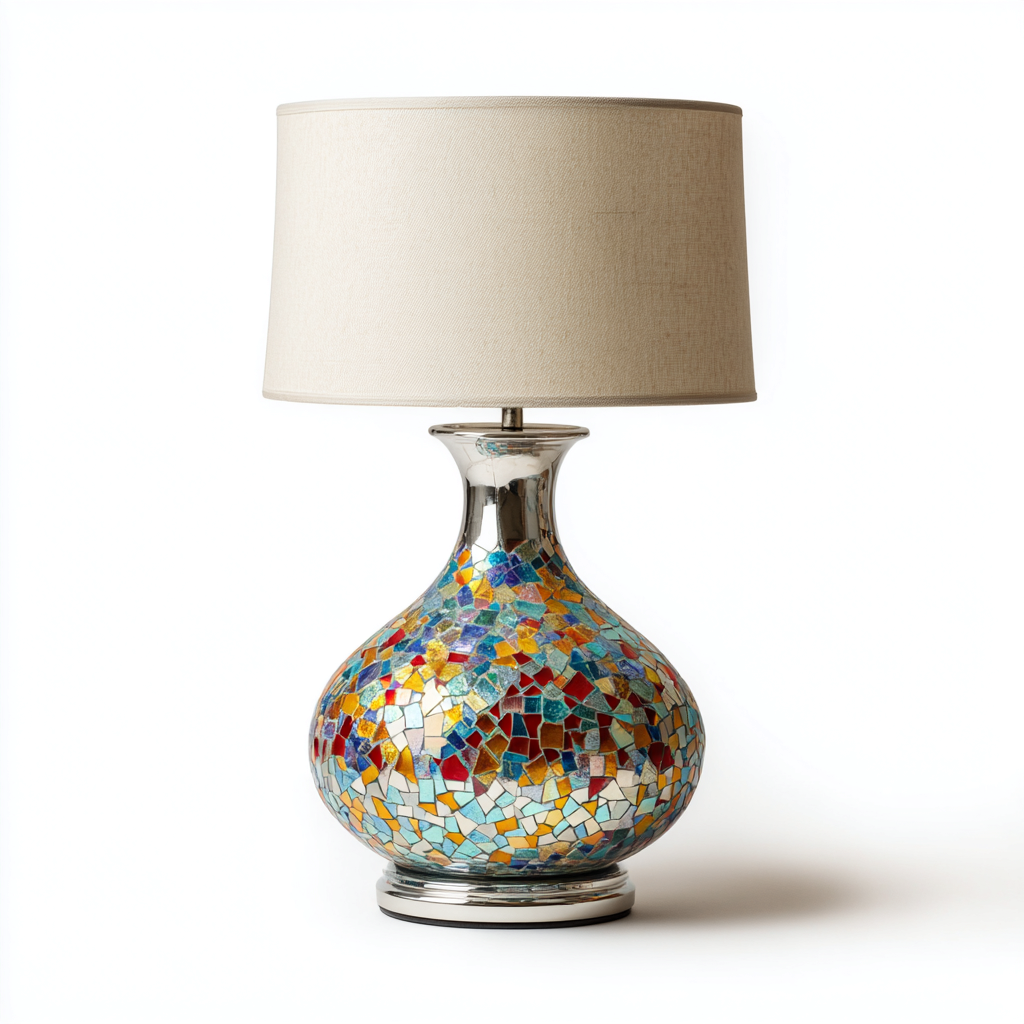 Lampe de table - verre-métal-tissu - 30x30x45 cm - crème-multicolore - style décoratif-Pinegetly