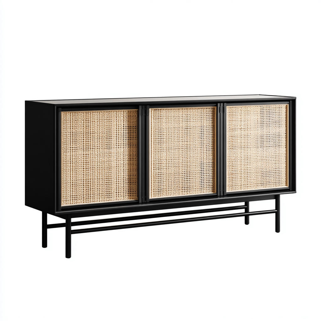 Buffet - bois-rotin - 150x40x80 cm - noir-naturel - style contemporain-Pinegetly