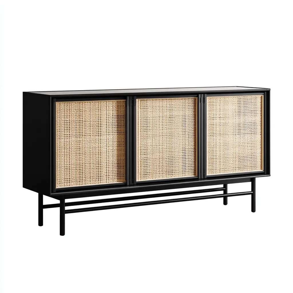 Buffet - bois-rotin - 150x40x80 cm - noir-naturel - style contemporain-Pinegetly