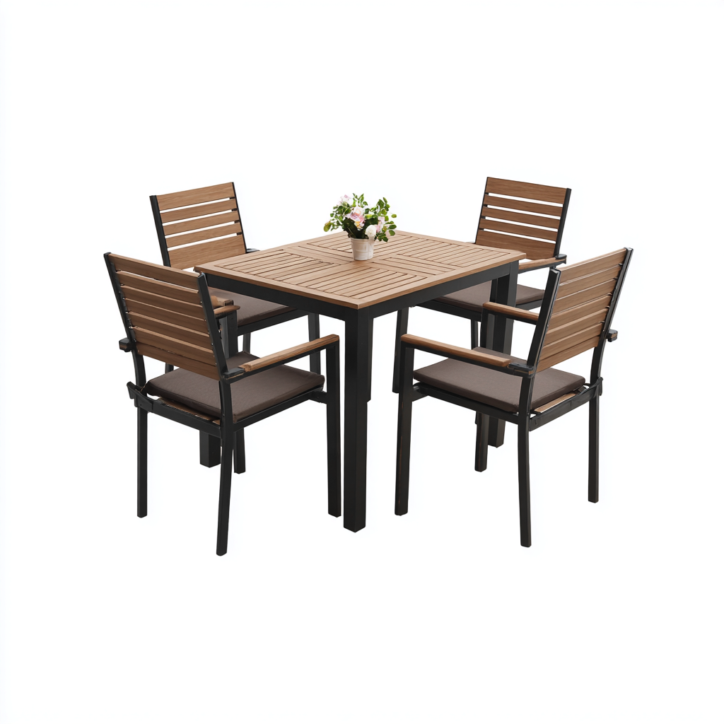 Ensemble table et chaises - Bois-Métal-Tissu - 90x90x75 cm - Bois brun-Noir - Style extérieur contemporain-Pinegetly