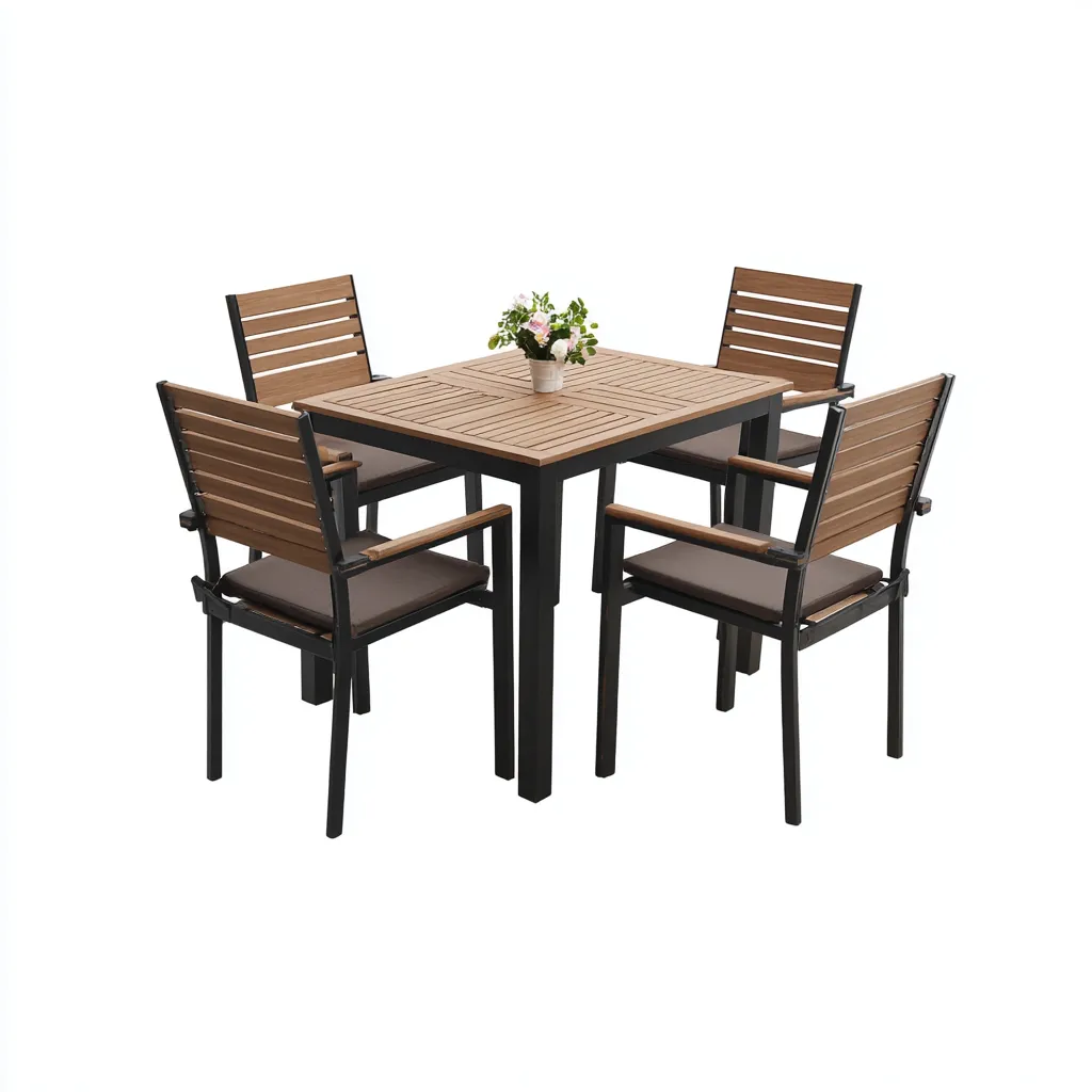 Ensemble table et chaises - Bois-Métal-Tissu - 90x90x75 cm - Bois brun-Noir - Style extérieur contemporain-Pinegetly