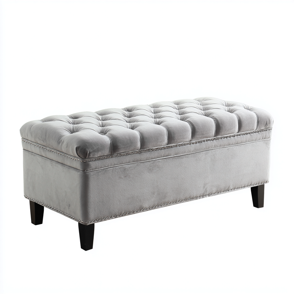 Panca Per Letto Imbottita Velluto Contenitore 112x45x48 Cm - Grigio Chiaro - Design Elegante-Casamybase