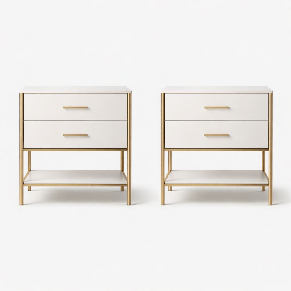 Set di Comodini con 2 Cassetti in Legno MDF e Struttura in Metallo 60x40x70 cm-Aestivara