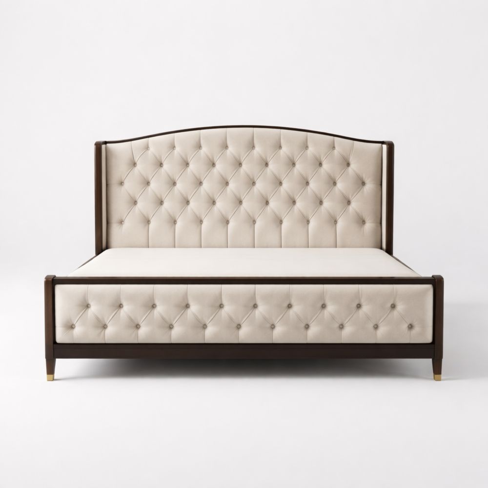 Letto in Pelle Beige con Struttura in Legno Massello 210x160x120 cm-Aestivara