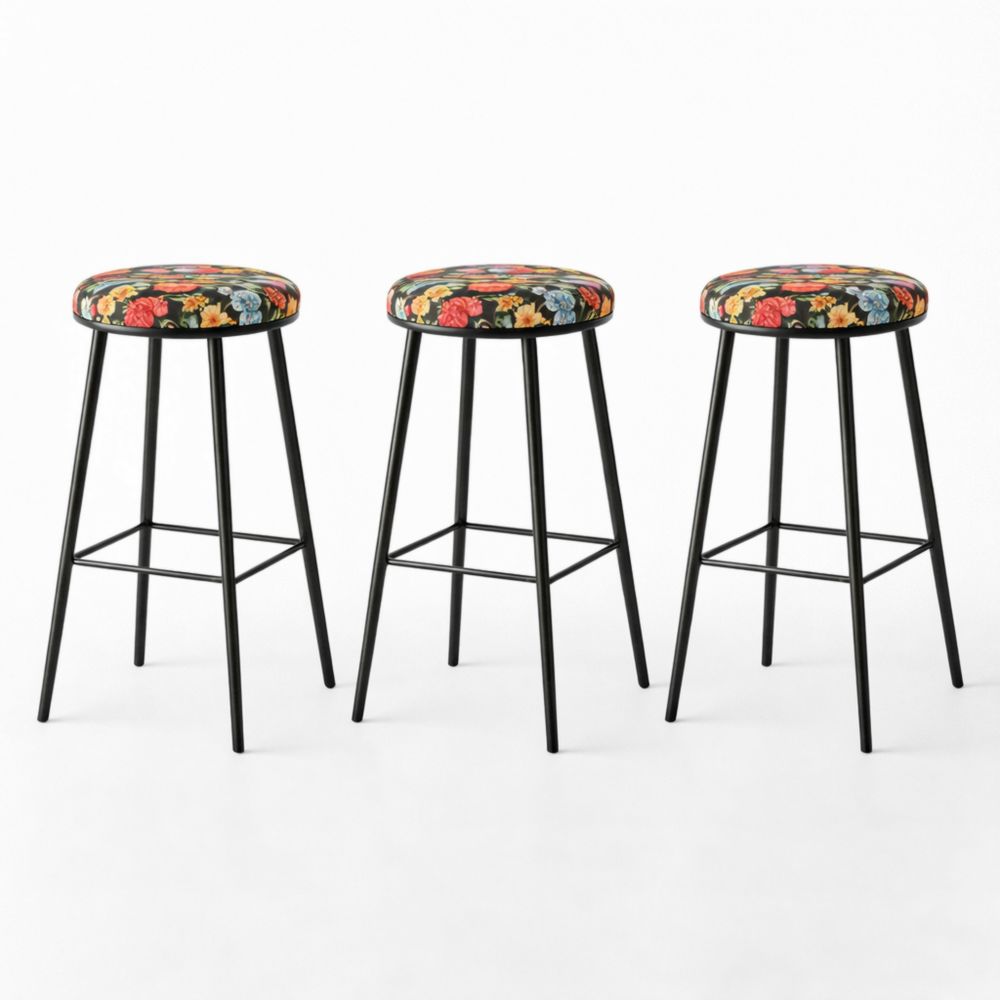 Set di 3 sgabelli in metallo nero con seduta in tessuto floreale-Aestivara
