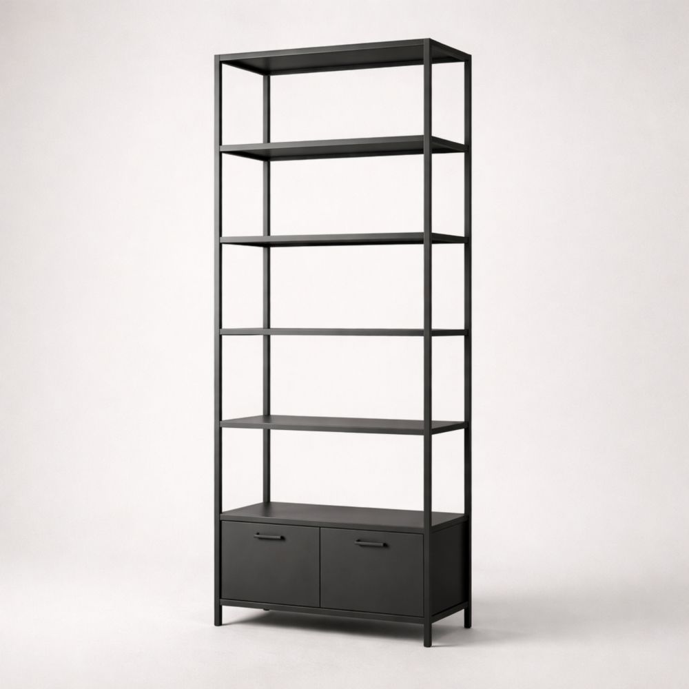 Scaffale libreria in metallo nero con armadietto-Aestivara