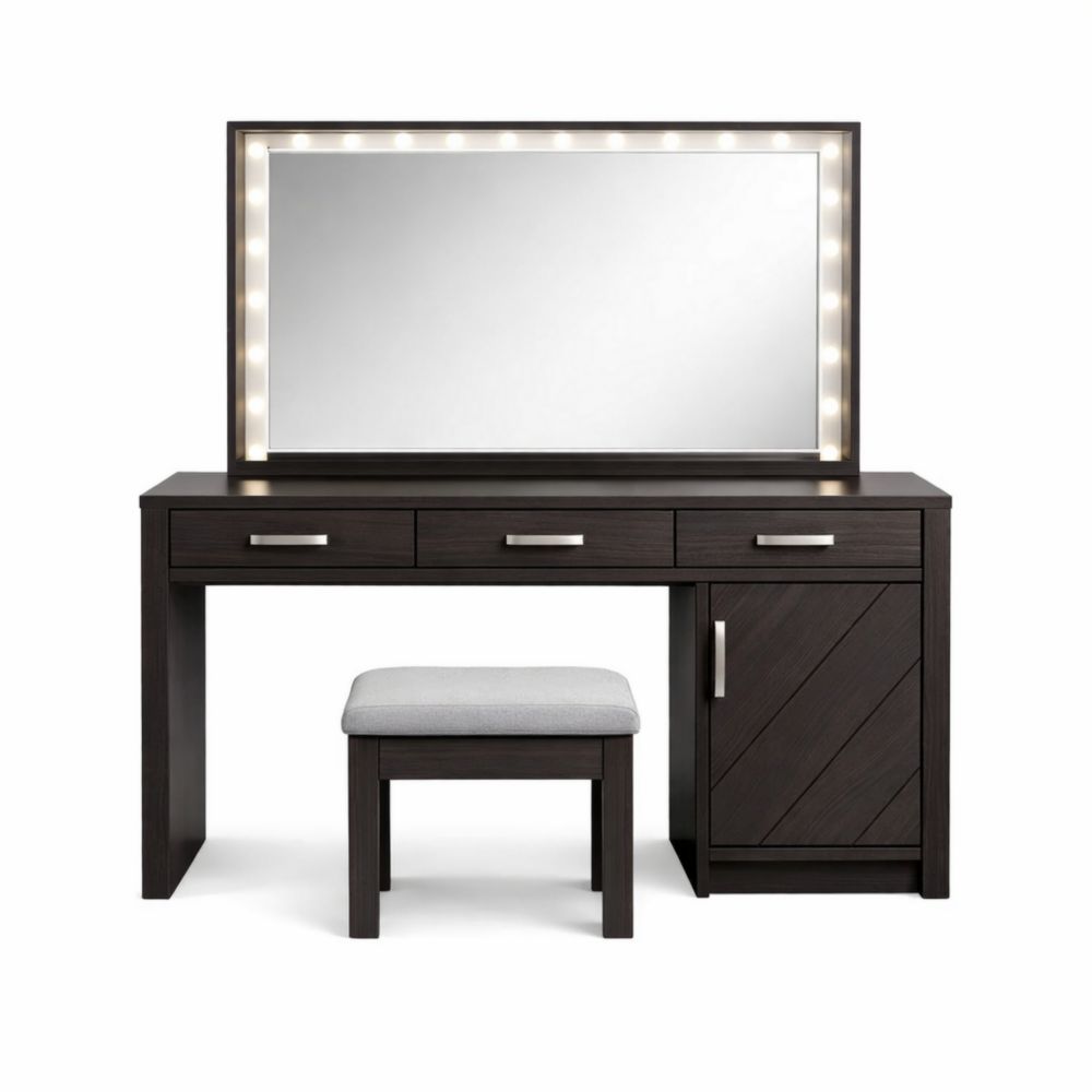 Toletta Trucco Legno Marrone Scuro con Specchio e Luci-Aestivara