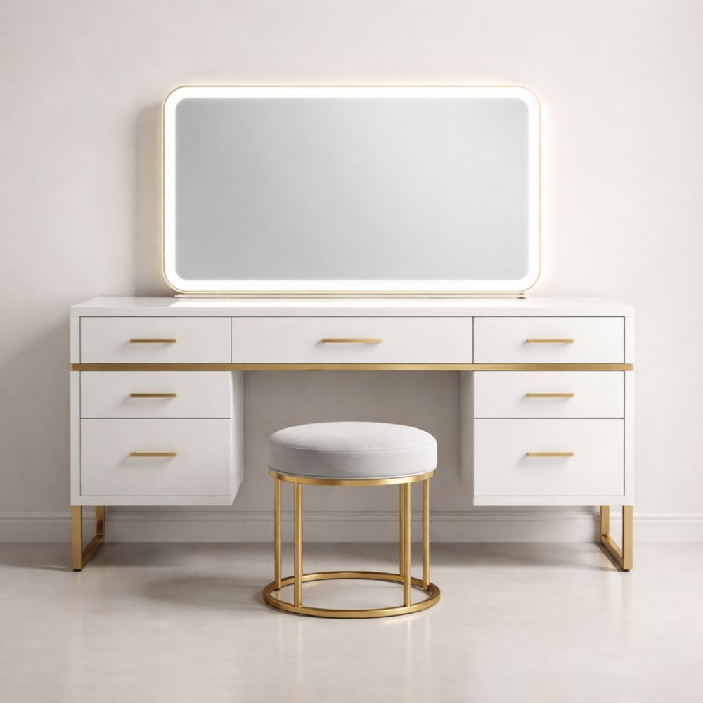Tavolo da Toeletta con Specchio LED e Sgabello in MDF e Metallo Bianco Oro-Aestivara