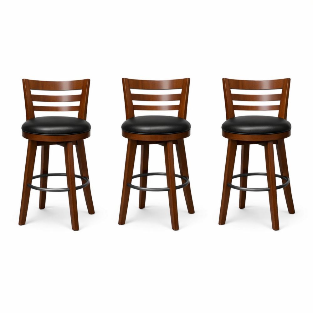 Set di 3 Sgabelli da Bar Girevoli in Legno e PVC Nero-Aestivara