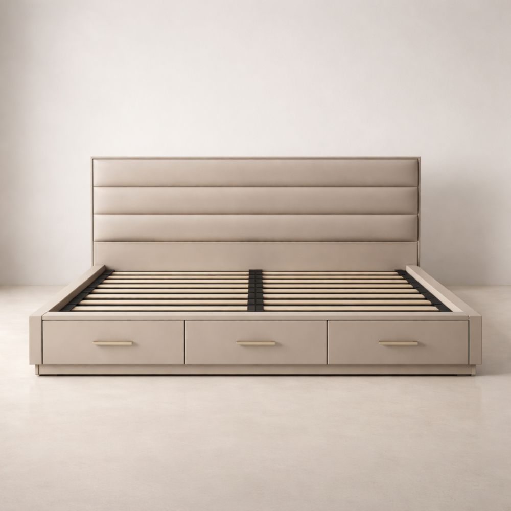 Struttura letto matrimoniale contenitore 210x160 cm in pelle sintetica beige-Aestivara