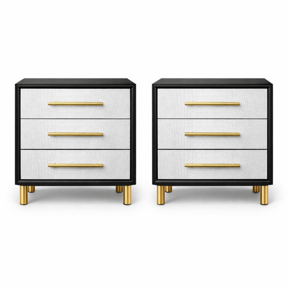 Set di 2 comodini in MDF bianco e nero con maniglie e gambe in metallo dorato-Aestivara